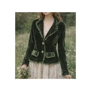 Vintage Y2K Green Velvet Blazer Jacket Ruffle Trim S/M Whimsygoth Cottagecore